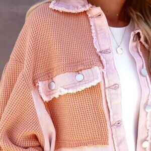 Waffle Knit Color Block Patchwork Button Down Light Shacket Jacket Pink/Cream
